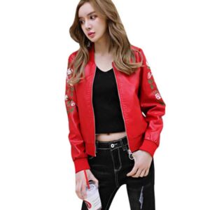jaket bomber wanita warna merah motif bunga