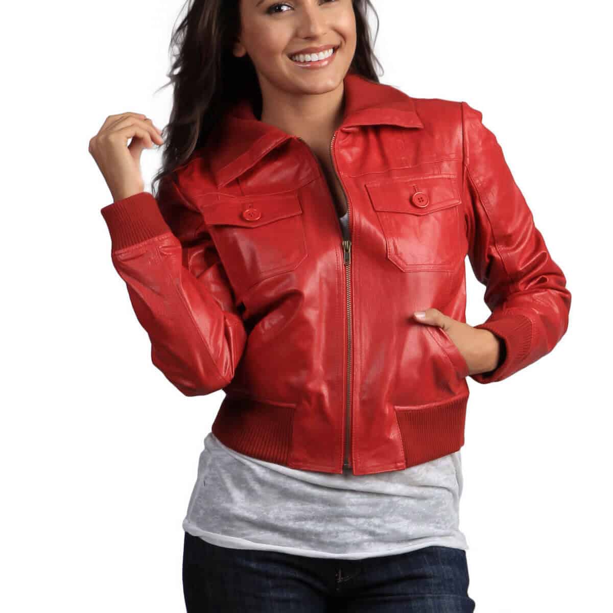 jaket bomber wanita cerah merah belakang depan