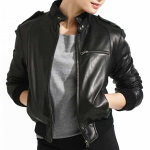 jaket bomber wanita hitam depan