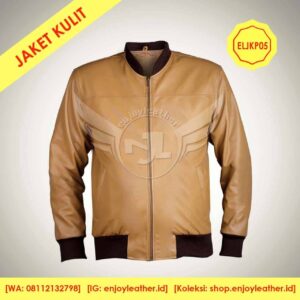 jaket kulit warna coklat muda model bomber untuk pria tampak depan