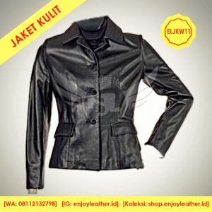 Jaket kulit hitam wanita model berkerah terbaru nampak depan